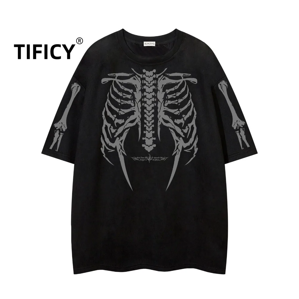 TIFICY Casual Tees Retro High Street Skeleton Printed Short Sleeved T-shirt Men's Hiphop Explosion Street Loose Tshirts Top