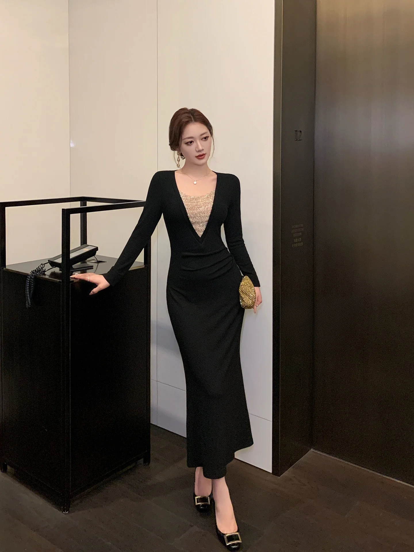 

Вязаное платье Lin Guan Bla Splice V-ne Dr для осени и зимы, длинное, с запахом, для дня рождения, бала, женское