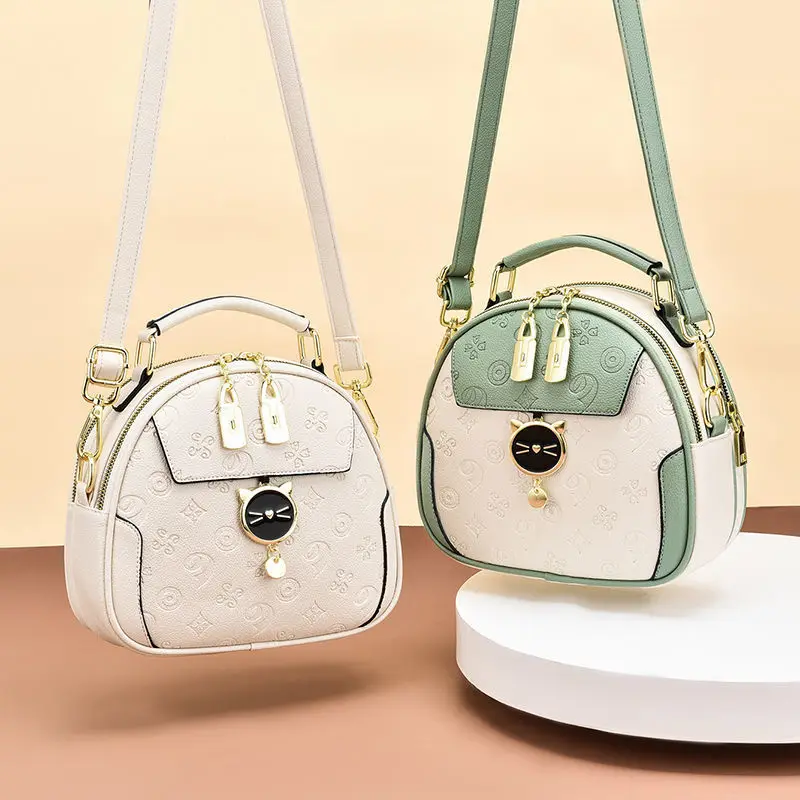 Zipper Metal Sheet Soft Handle Handbag Single Adjustable Wide Shoulder Strap Ladies' Crossbody Messenger Color Block Round Bag