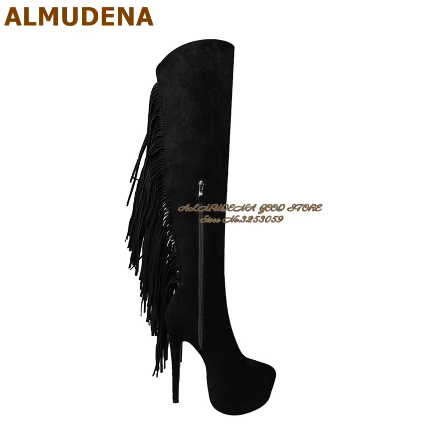 ALMUDENA Black Suede Fringe Over The Knee Boots Stiletto Heels Inside Platform Long Boots Elegant Tassel Zipped Dress Shoes