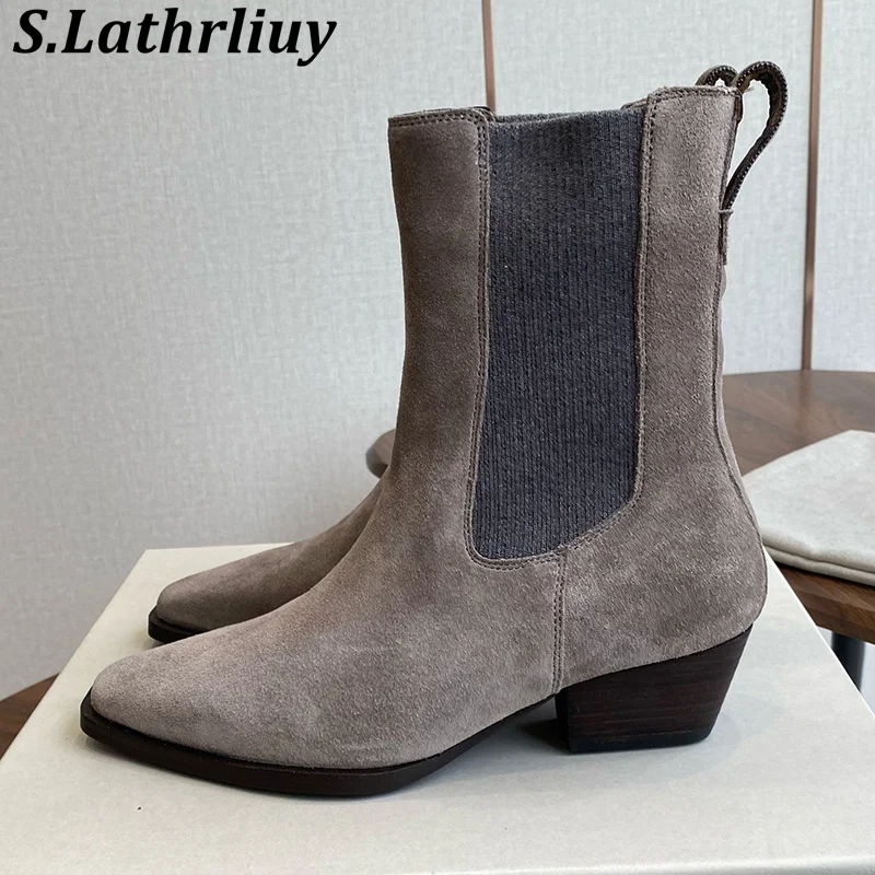 Chelsea Boots Women Chunky High Heel Short Boots Autumn Versatile Shoes Real Leather Metal String Bead Decor Ankle Botas Mujer
