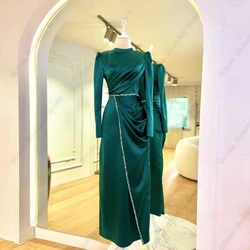 Green Muslin Evening Dresses with Beading 2023 Summer New Full Sleeve Satin Prom Gowns Sheath Zipper Back Vestidos De Noche 2024