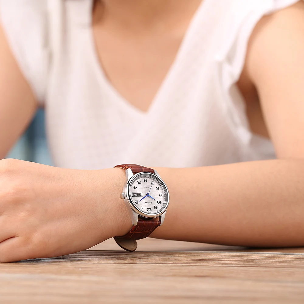 BERNY-Reloj de pulsera de cuero para mujer, cronógrafo de cuarzo, resistente al agua, 3ATM
