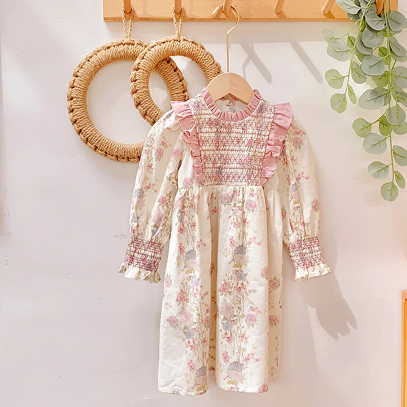 2024 New Spring European American Style 2-7Yrs Baby Girl Party Dress Long Sleeved Cotton Floral Printing Kids Princess Dresses