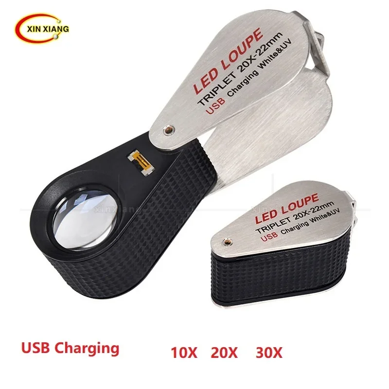 

Rechargeable Metal Jewelry Magnifying Glass 10X 20X 30X Foldable Diamond Jeweler 6 LED Lights Magnifier Loupe Mini Microscope