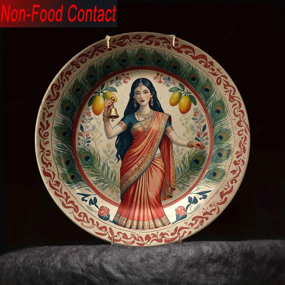 2D 1pc Ceramic Decorative Plate, Indian Style Peacock Goddess Design, Non-Consumable Pure Decorative, Home Tabletop Art
