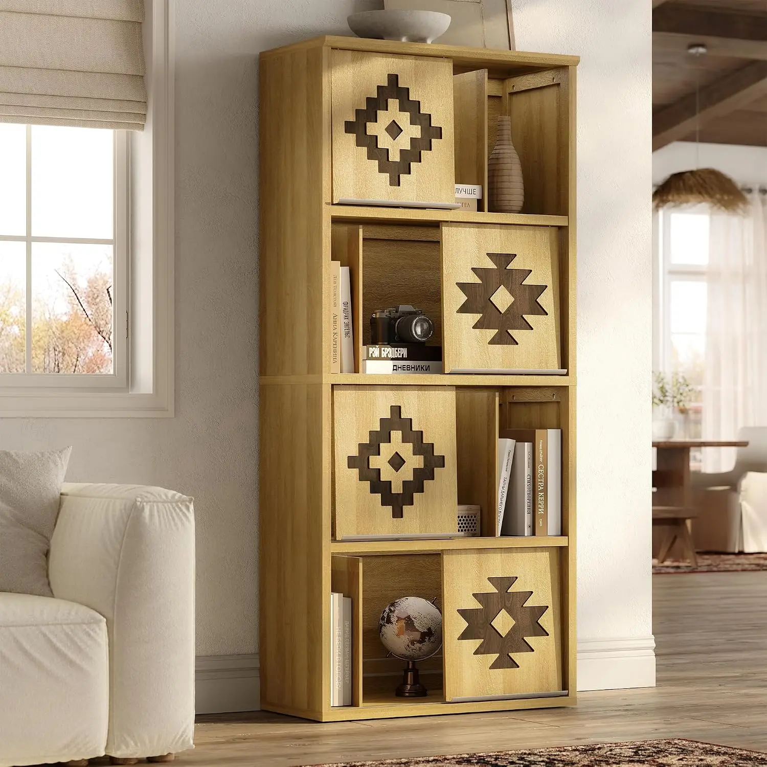 Bookcase & Bookshelf with Movable Bookends, 4-Tier Open Storage Shelves, Beveled Gliding Doors, Large Wooden Display, Customized