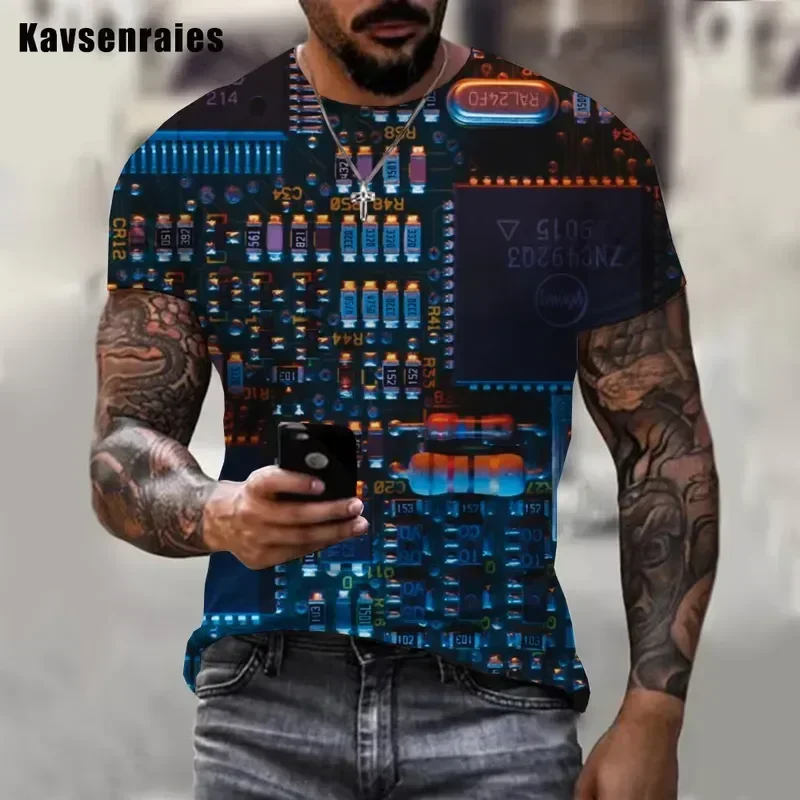 Men T Shirt 3D Circuit Board Print Short Sleeve Casual Streetwear Harajuku Electronic Chip Pattern Creative Novelty Tops