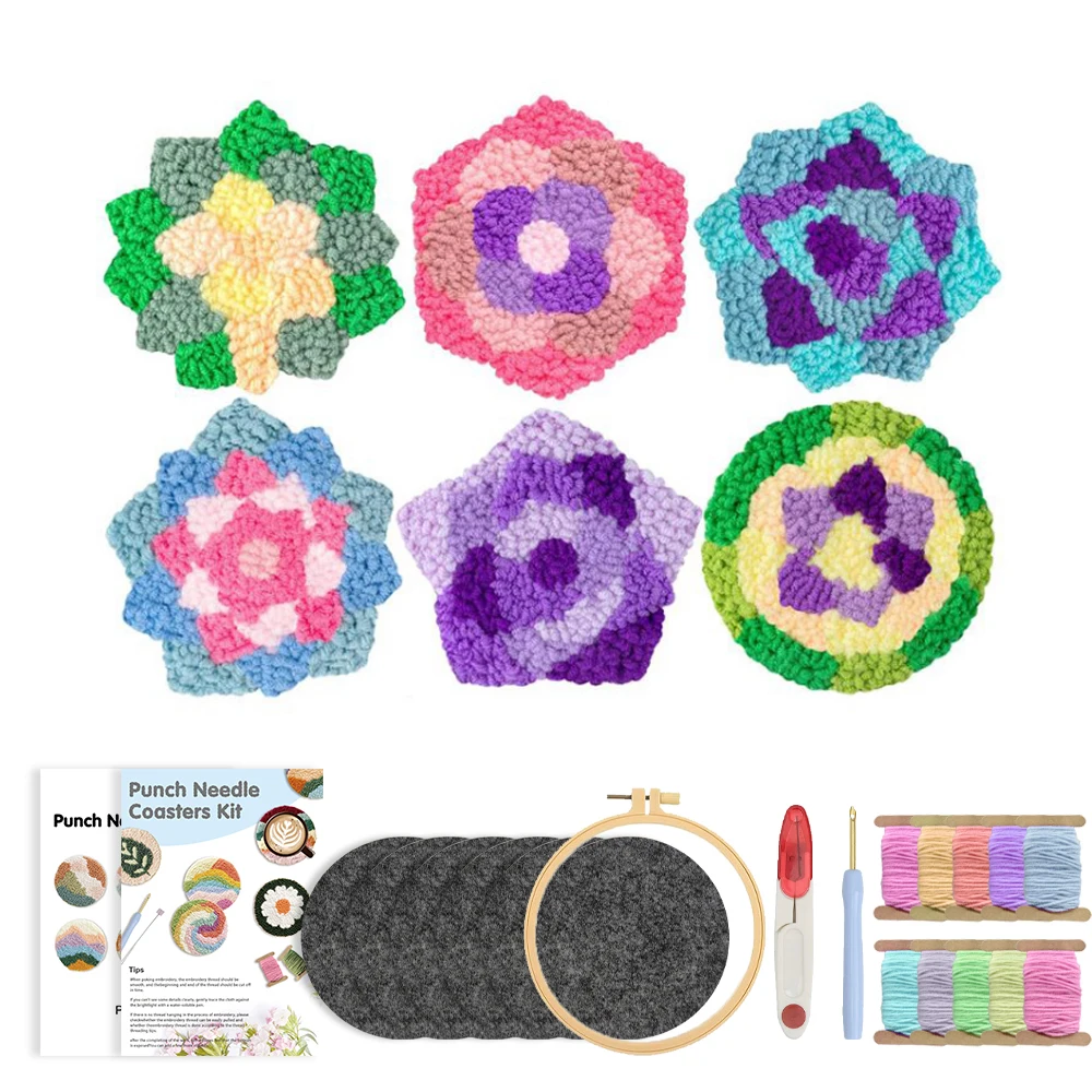 

6PCS Flower Pattern Embroidery Mug Rug Punch Needle Coaster Kit For Beginner Craft Yarn Crochet Magic Needle For Embroidery Set