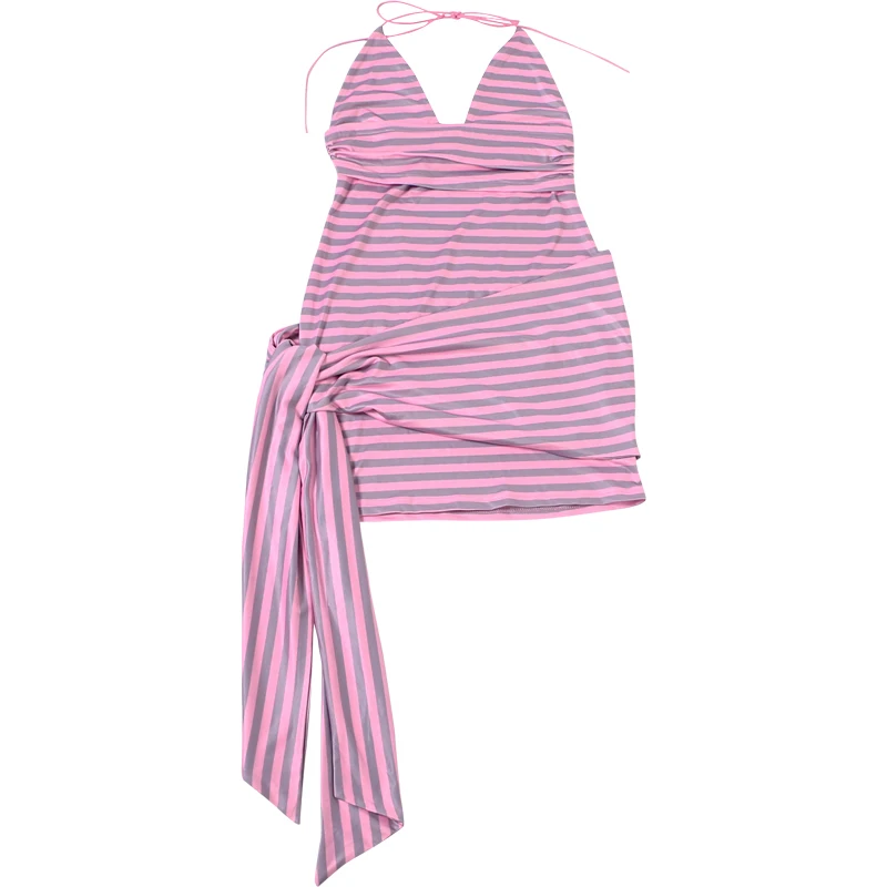 Nibber Sexy Neckholder-Kleid mit tiefem Ausschnitt, gestreift, rückenfrei, für Damen, Bandagen, Patchwork, Band, ärmellos, Trend, Party, Club, figurbetont – Detail 3