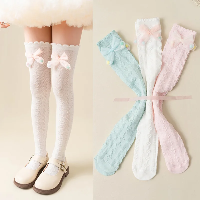 

1/3 Pairs of Girls' Knee Length Socks Spring and Summer Princess Skirt Socks Baby Mosquito Proof Long Tube Bow Lace Stockings