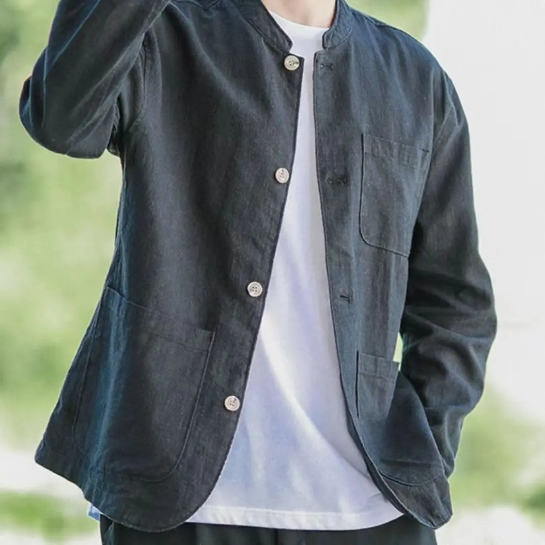 New Men Retro Sun Protection Casual Long-sleeved Shirt Stand Collar Loose Breathable Versatile Loose CardiganYY48