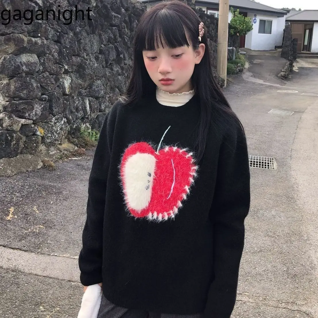 Gaganight Women Black Retro Slimming Lazy Cartoon Apple Sweater 2024 Women's Autumn Winter New Loose Knitted Small Top Female