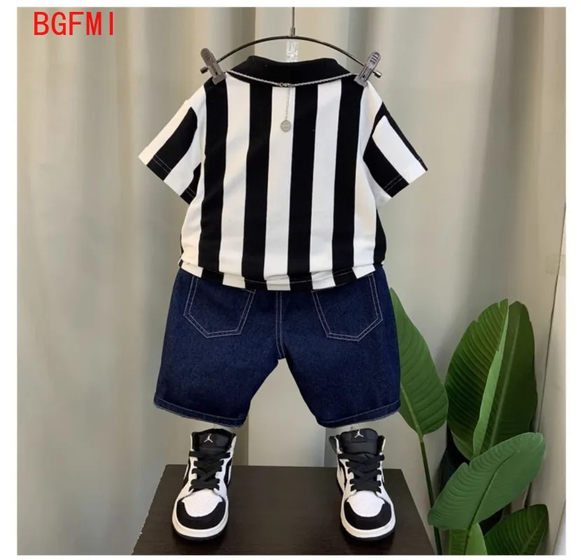 Korean Children\'s Clothes Summer Teenage Boy Outfit New Thin Short Sleeves Striped Polo Shirt + Denim Shorts Two Piece Set 2-11Y