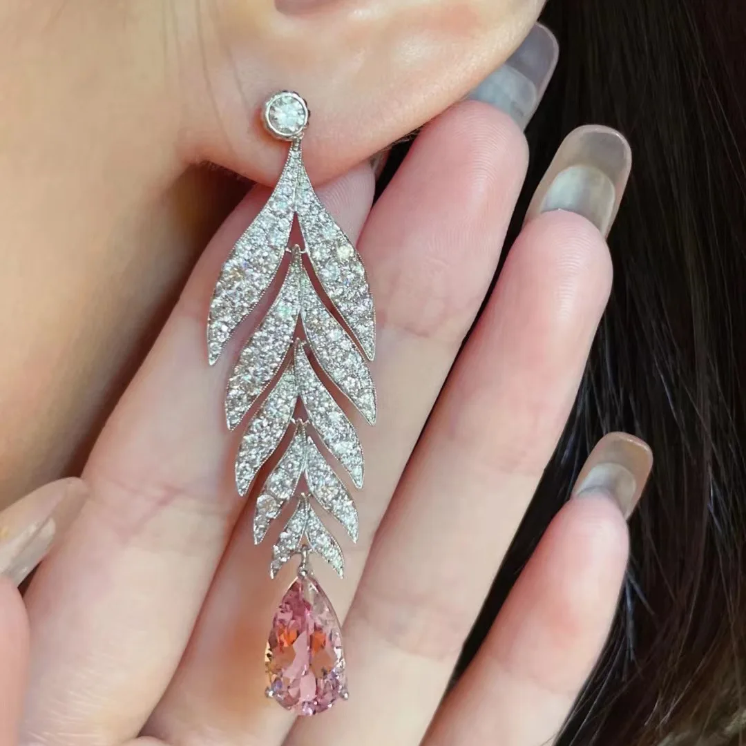 Tassels Leaf Pink Diamond Dangle Earring 925 sterling silver Wedding Drop Earrings for Women Promise Engagement Party Jewelry