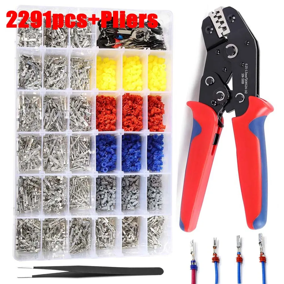 Kit de 2291 piezas de terminales automotrices 1/1.5/1.8/2.2/2.8/3.5mm con pin de conexión para cable eléctrico de automóvil, no aislado, con alicates de engarce
