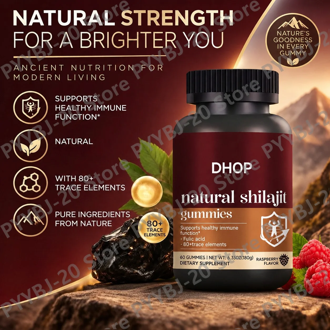 DHOP Shilajit Gummies Raspberry Flavor - Rich in Fulvic Acid & 80+ Minerals Supports Immune System & Wellness 60ct