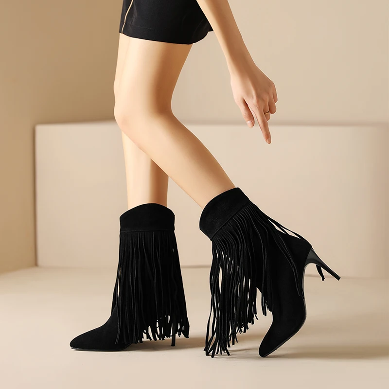 Plus Size 43 44 45 Autumn Sexy Tassels Ankle Boots Ladies Suede Stiletto High Thin Heel Black Apricot Party Shoes for Women 2023