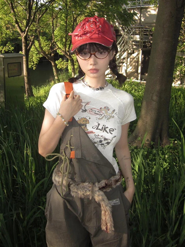 Harajuku تي شيرت مطبوع المرأة سليم كم قصير المحاصيل القمم Y2k خمر الجرونج القمم الشارع الشهير 2000s بلايز اليابانية