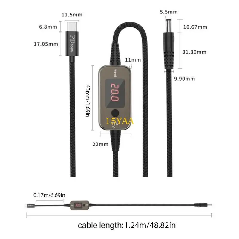 15YA PD100W USB C إلى DC5521 سلك الشحن السريع 5V 9V 12V 15V 20V 5A القدرة القابلة للتعديل