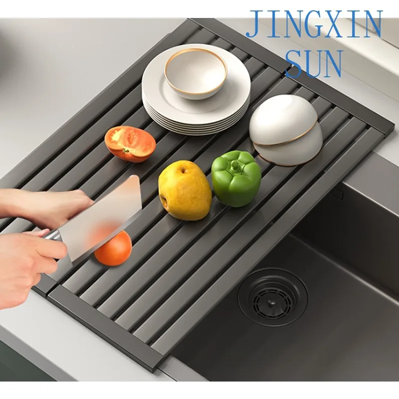 Drain rack 304 stainless steel kitchen sink Dish storage basket Foldable roller shutter