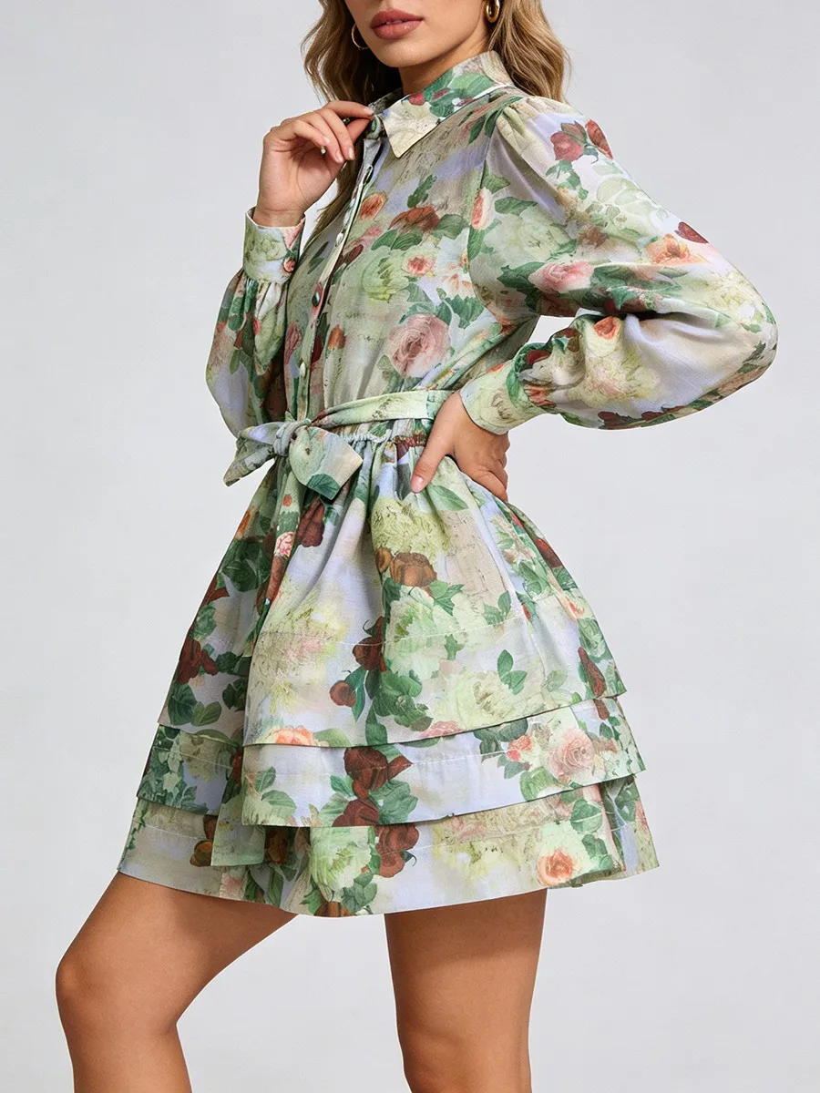 TWOTWINSTYLE 프린팅 시스루 레이스업 빈티지 드레스 여성용 라펠 긴 소매 패치워크 러플 드레스 여성 의류