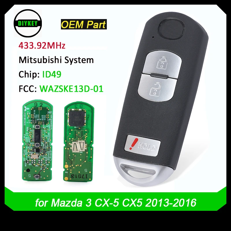 

DIYKEY OEM Proximity Remote Smart Key FSK 433.92MHZ 49chip for Mazda 3 CX-5 (Mitsubishi System) 2013 2014 2015 2016 WAZSKE13D-01