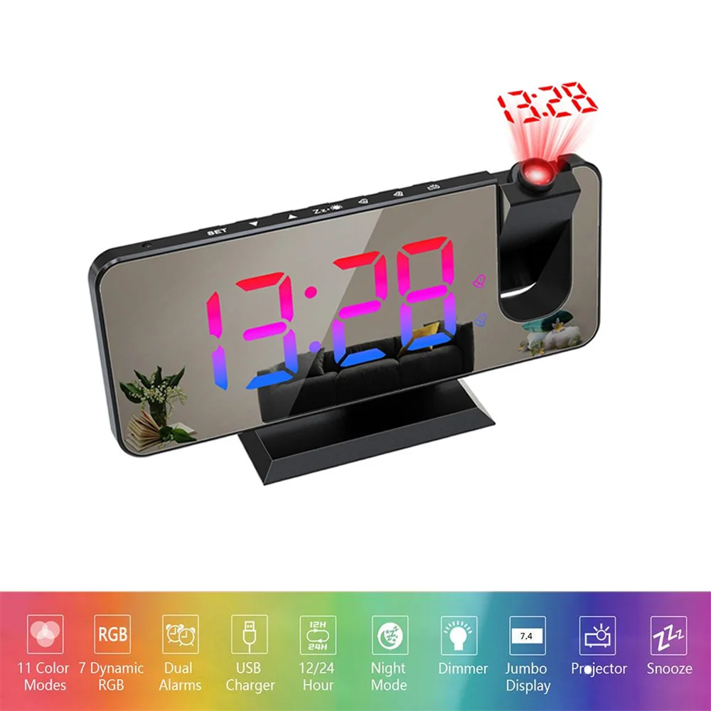 

Smart Home LED Digital Projection Alarm Clock Automatic Light Sensing RGB Colorful Gradient Bedroom Bedside USB Charging