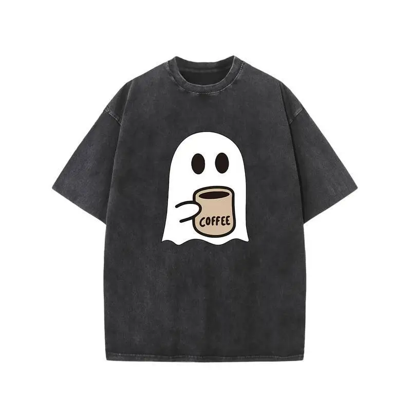 

Funny Ghost T-Shirt with Coffee Mug, Men Women Oversized Vintage Washed Tee, Halloween Spooky Casual Cotton Graphic Top