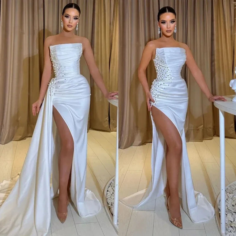 

2024 платье для выпускного без бретелек, официальное платье с юбкой-годе, атласное платье с рюшами и разрезом, размера плюс السالسالسالس