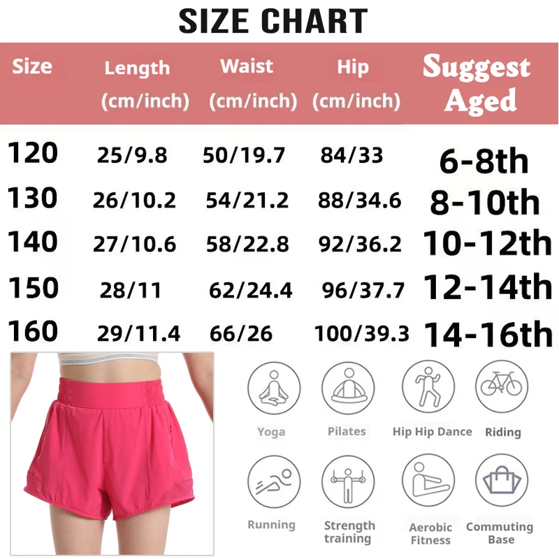 (120-160CM)Kids Quick Dry Sport Shorts Loose Fit Girls Yoga Running Fitness Workout Dancing Exercise Training Short Pants