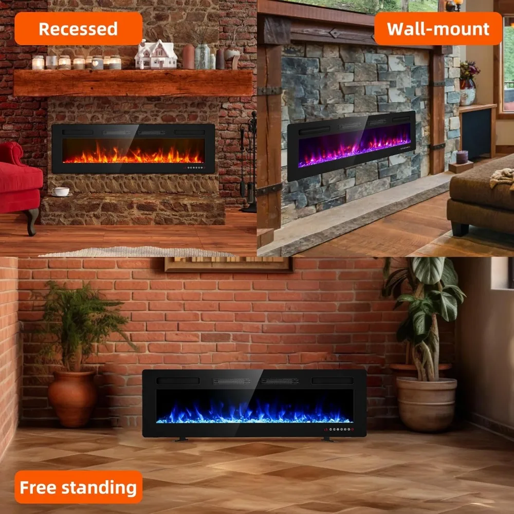 60 Inches Electric Fireplace-Wall Fireplace-Fireplace Freestanding/Inserts with Remote Control, Timer,12 Flame Colors, 750/1500W