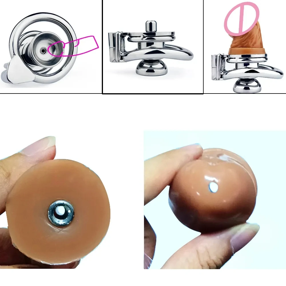 New Metal Chastity Cage with Pink Dildo Head 정조대 StainlessSteel Negative Cock Cage Urethra toy men Adult Games Sex tooys for man