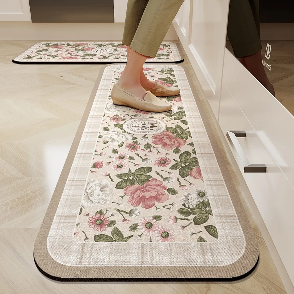 

Floor Mat for Kitchen Dirt-resistant Non-slip Oil-resistant Carpet, PVC Leather Rugs American Flower Texture Foot Mat Alfombra