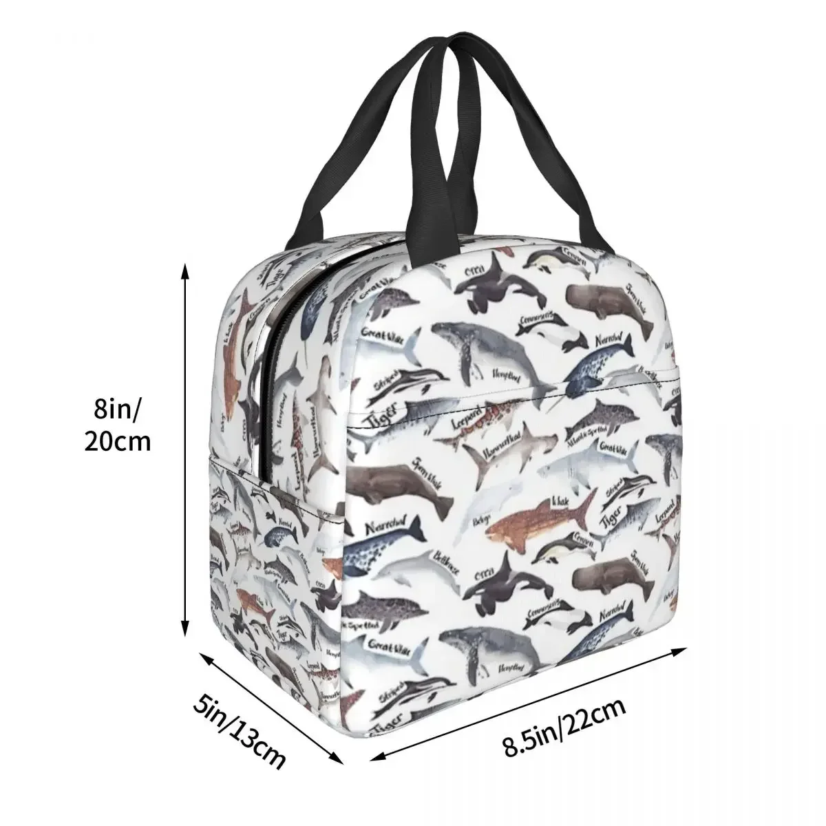 Types Of Whales, Sharks And Dolphins Watercolour Lunch Bags Bento Box Lunch Tote Resuable Bags Cooler Thermal Bag for Woman Kids