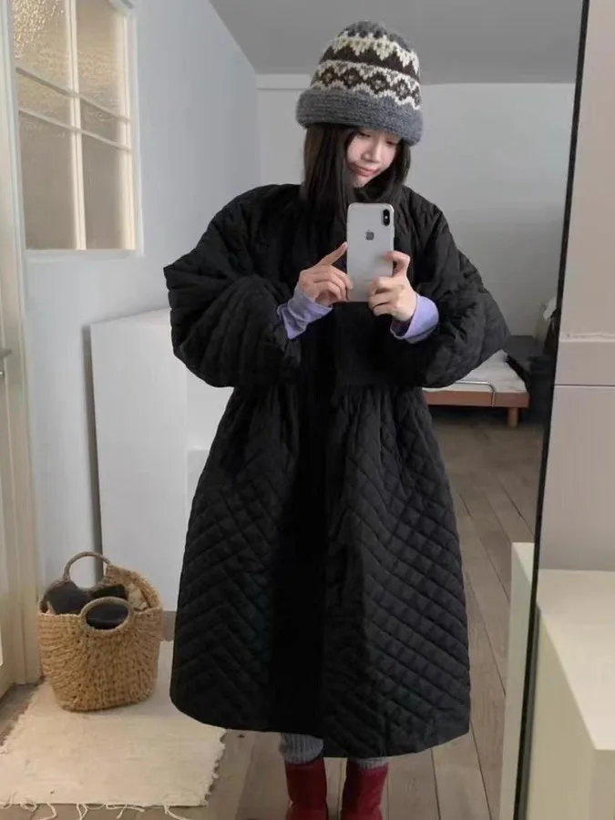 Winter Chic Retro Diamond Pattern Cotton Jacket Dress Women's Warmth Doll Style Korean Fashion Long Sleeve City Commute