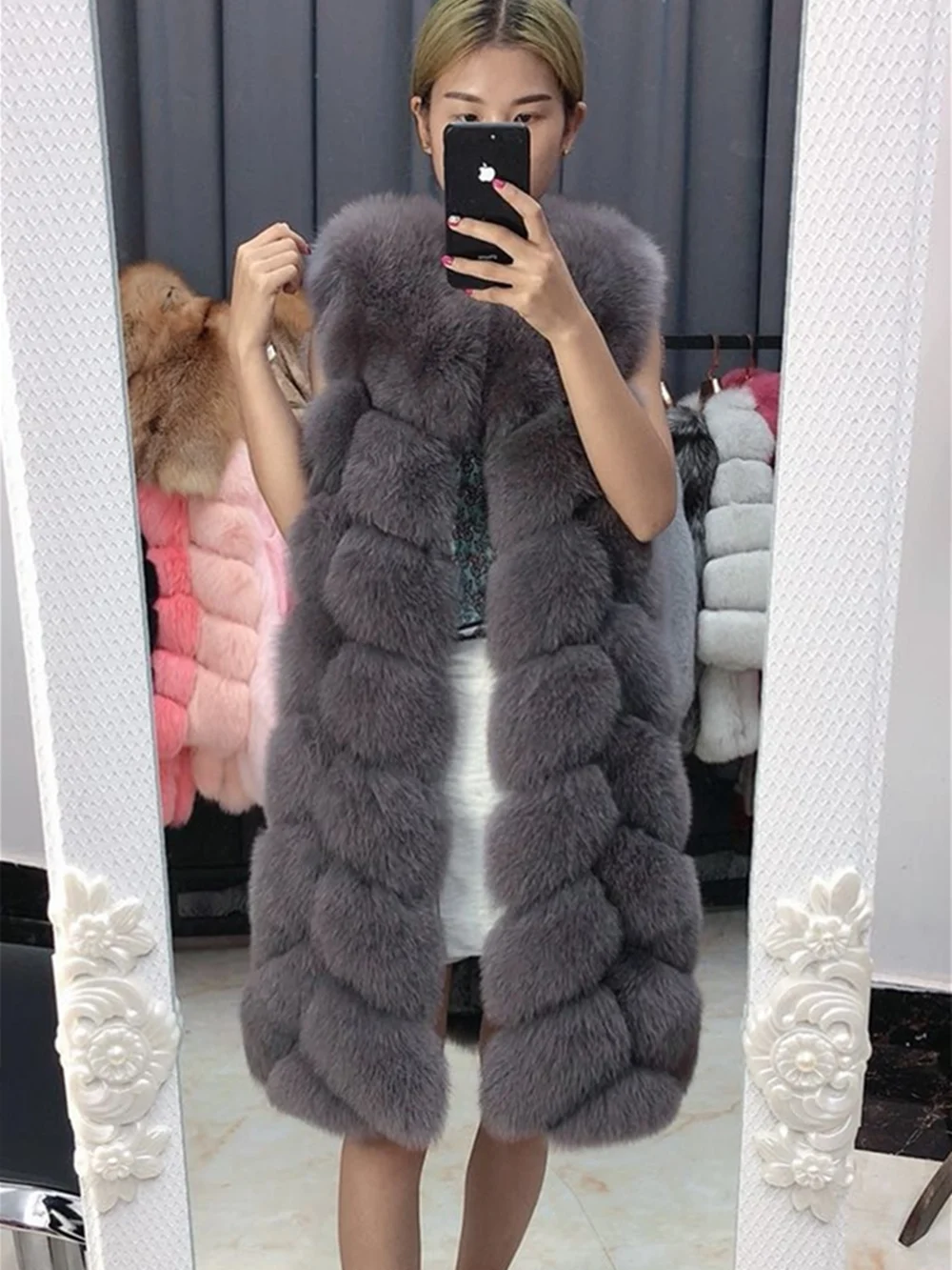 Real Fox Fur Vest for Women, Luxury Natural Blue Vests, Genuine Long Plush Jacket, Sleeveless for Girls