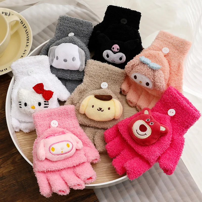 Sanrio Hello Kitty Kawaii Anime Cotton Gloves Warm Cinnamoroll Cute Finger Soft Protection Kuromi Gift Toys for Girls