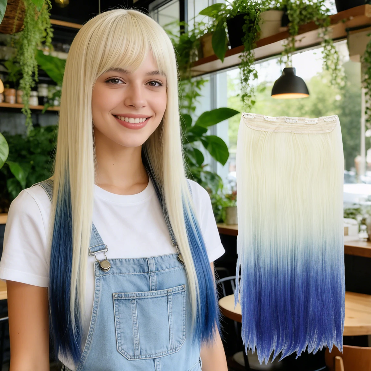 Light Golden to Rose Red and Navy ,Long Straight with Air Bangs,Sweet&Energetic Style for Daily Use,Synthetic Wigs.