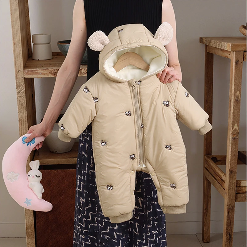 2026 Winter Baby Boys Bodysuit Cartoon Embroidery Lamb Fleece Lining Thick Warm Hooded Zipper Jumpsuits For Girls Romper  125