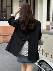 LANMREM Black Office Lady Blazer Women Notched Collar Back Split Design Double Breasted Coat 2024 Spring New Clothing 2AA5090