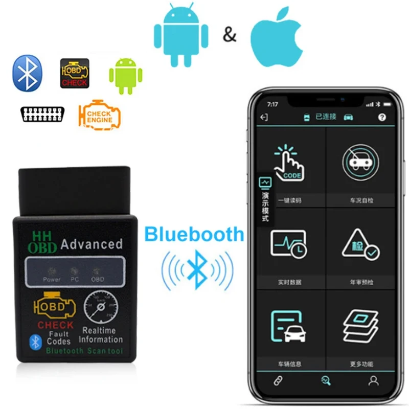 Bluetooth V1.5 Mini Elm327 OBD2 Scanner Android Apple Universal OBD Car Diagnostic Tool Code Reader Car Engine Tester