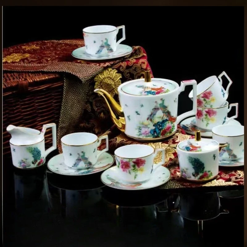 Coffee cup set, enamel color English afternoon tea coffee cup pot high white mud