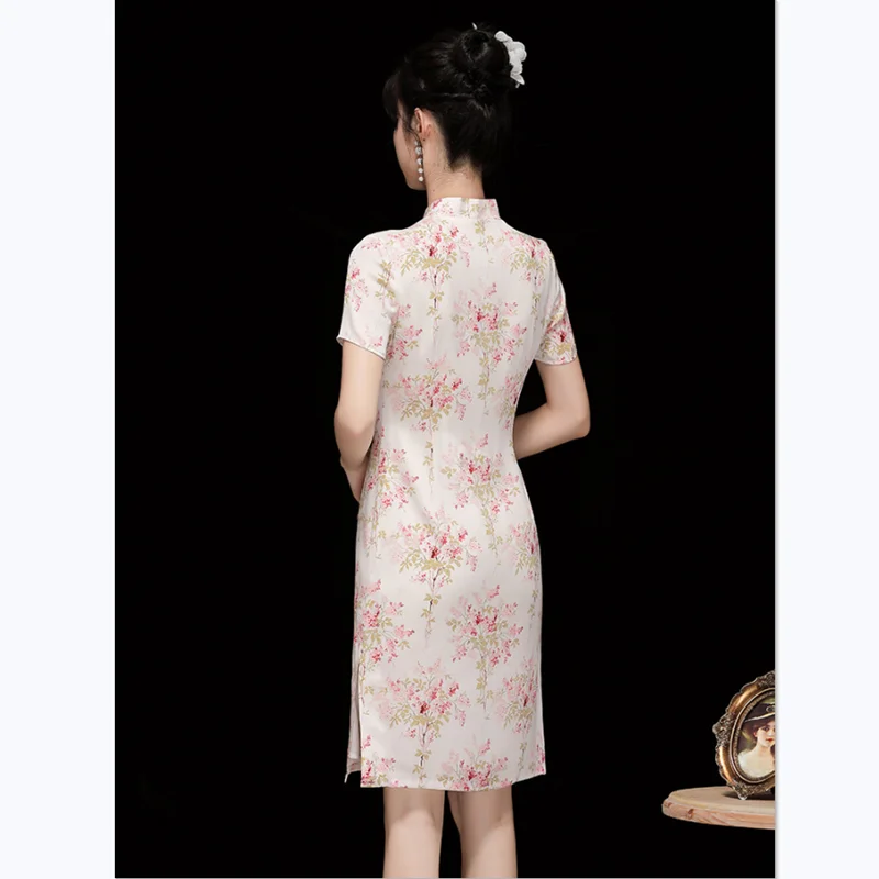 Vintage Dress Summer Women Chinese Style Stand Collar Short Sleeve High Quality Silk Slim Fashion Young Girl Improved Cheongsam