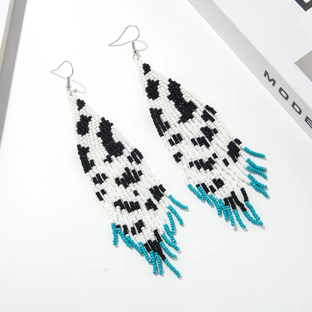 ZGMXR Rice bead earrings Tassel Cow stripe Originality Design Geometry Hand knitting Bohemia Alloy Fashion Beaded earrings