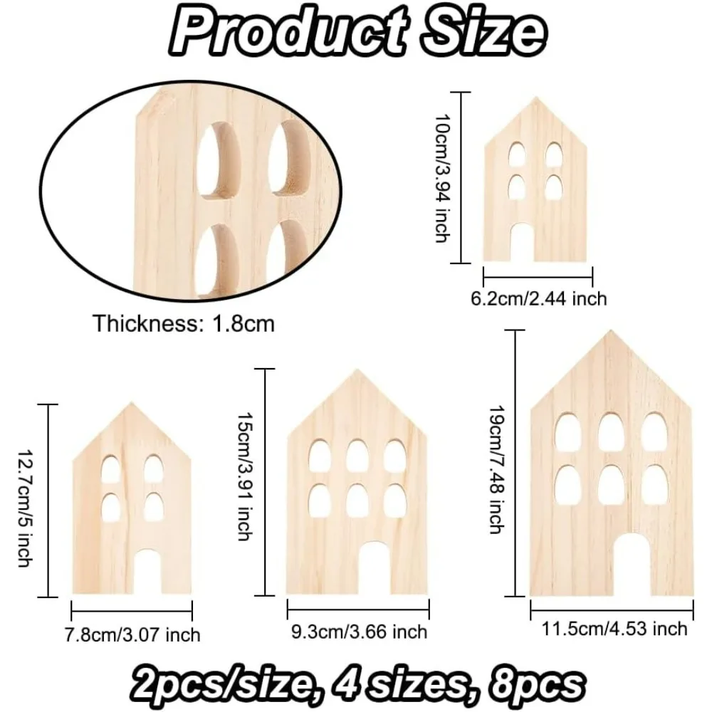 8Pcs 4 Sizes Unfinished Wooden House Blocks Wooden Tray Plates House Blank Wooden Cutouts Display Decoration Pieces