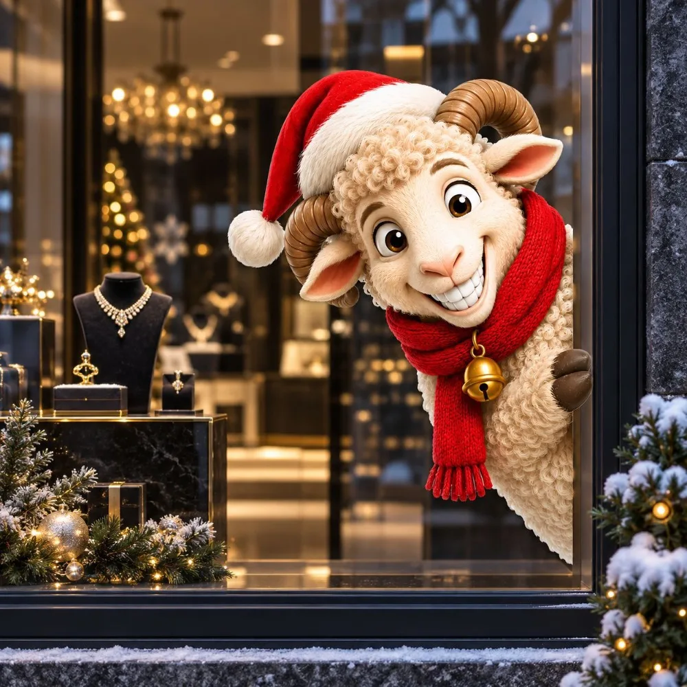Peeking Sheep Static Window Cling Christmas Santa Hat Lamb Glass Sticker No Glue Removable Decal Window Home Shop Display Decor