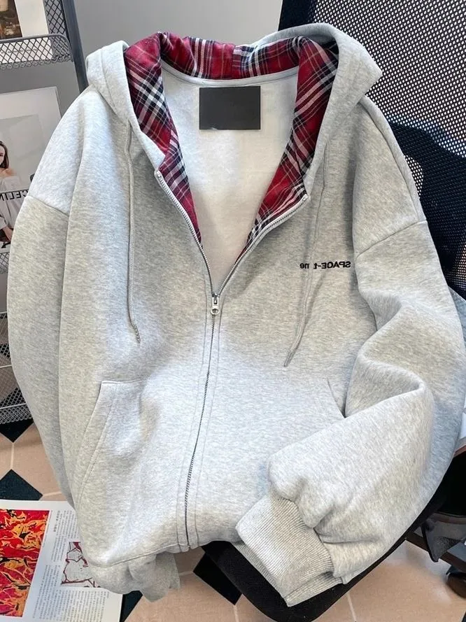 Américain paresseux Sle rétro Plaid épissage à capuche automne hiver Fce Couple manteau décontracté à la mode longue fermeture à glissière Sve