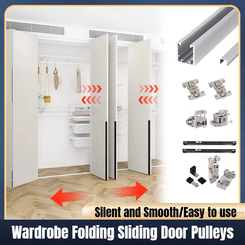Japanese Style Folding Sliding Door Hardware Kit Overhead Track Exposed Bottom Rail System For Metal Wardrobe Closet LR Sliding