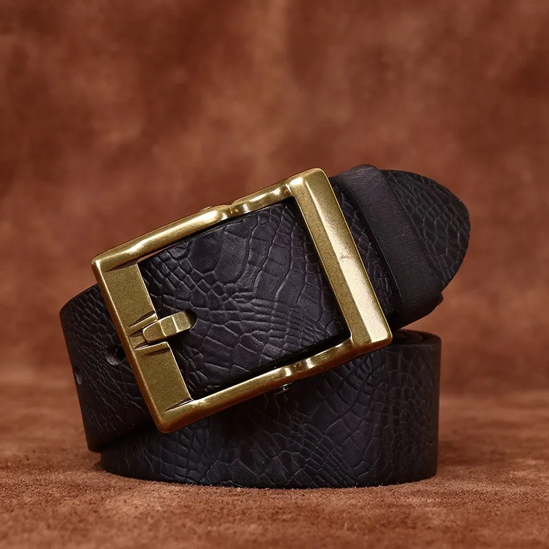 Washed embossed patterned top layer leather copper belt men's versatile casual